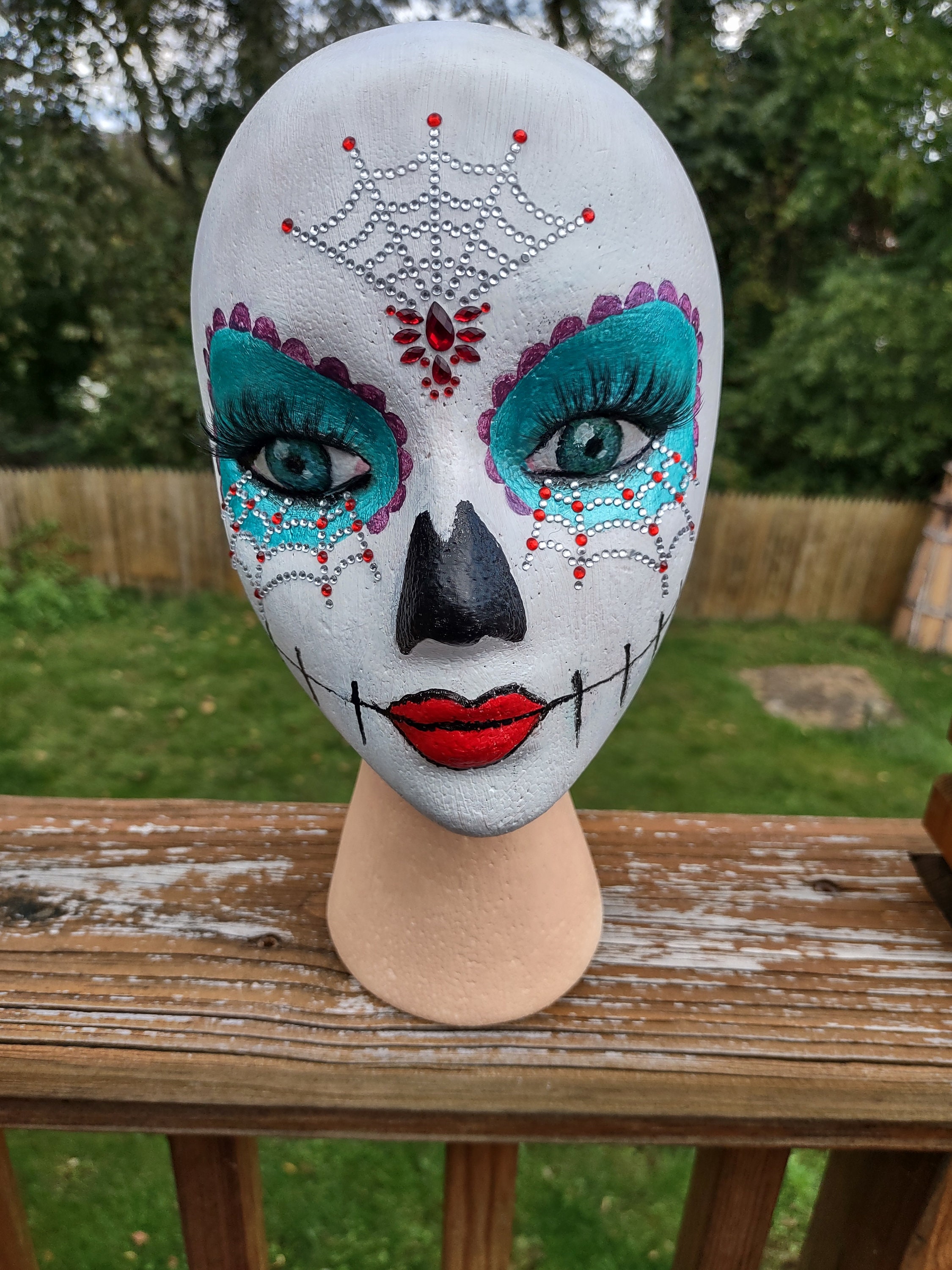 Styrofoam head mannequin markers, gold tacks acrylic painted