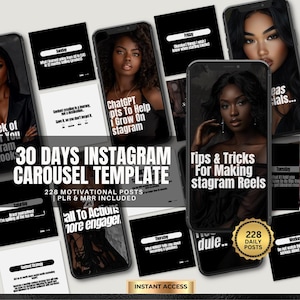 May include: A digital product mockup featuring several smartphones displaying Instagram carousel templates. The templates include motivational posts, tips for making reels, and prompts for engagement. The text includes "30 Days Instagram Carousel Template" and "Instant Access."