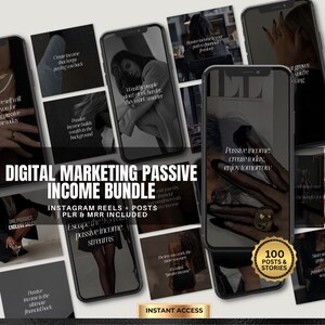 May include: A digital marketing passive income bundle with Instagram reels, posts, PLR, and MRR included. The image features several smartphones displaying text such as "Passive income create today, enjoy tomorrow" and "Wealthy people don't work harder, they work smarter."