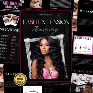 Puede incluir: Un ebook digital titulado "Lash Extension Training" con una mujer con un top rosa en la portada. El ebook tiene 60 páginas e incluye información sobre los ciclos de las pestañas, la configuración de la estación y las técnicas de extensión de pestañas. El manual también cubre estilos de pestañas clásicos, híbridos, mega volumen y wispy.