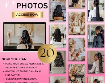 May include: A pink background with gold glitter and the text "MELANIN STOCK PHOTOS" in white. A gold button with the text "ACCESS NOW" is below the text. A collage of 20 photos of a Black woman with long, dark hair in various poses and settings. The text "NOW YOU CAN:" is below the collage, followed by a list of bullet points: "MAKE YOUR SOCIAL MEDIA, ETSY, SHOPIFY STORE STANDOUT", "GIVE VALUE TO BUILD AN EMAIL LIST FASTER", "DESIGN STUNNING EBOOK, PLANNER/JOURNAL COVERS". The text "RESELL AND KEEP 100% PROFIT" is at the bottom of the image.