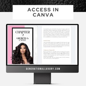 May include: A computer monitor displays a digital document with the text "ACCESS IN CANVA" at the top. The document features a pink and black cover with the words "CHAPTER 2 GROWTH & CYCLE" and a photo of a woman with long, dark hair.