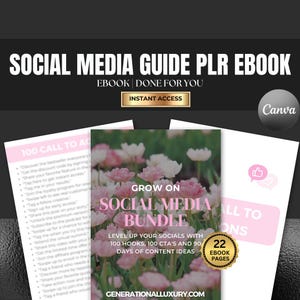 May include: A digital marketing bundle with the text "Social Media Guide PLR Ebook" and "Instant Access". The image features a pink and white floral design with the words "Grow on Social Media Bundle". Includes 22 ebook pages.