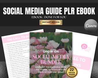 May include: A digital marketing bundle with the text "Social Media Guide PLR Ebook" and "Instant Access". The image features a pink and white floral design with the words "Grow on Social Media Bundle". Includes 22 ebook pages.