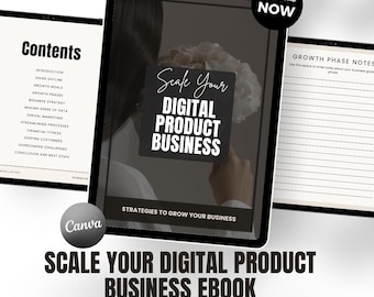 May include: A digital product business ebook displayed on a tablet. The ebook cover reads "Scale Your Digital Product Business" with the text "Strategies to Grow Your Business" below. The image also includes a "Download Now" button and a "Canva" logo.