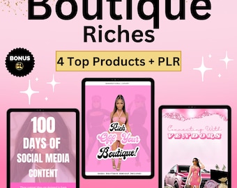Puede incluir: Un paquete de productos de marketing digital rosa y blanco para propietarios de boutiques. El paquete incluye cuatro productos: 100 días de contenido de redes sociales, Rich Off Your Boutique, Connecting With Vendors y un producto de bonificación. La imagen presenta un fondo rosa con estrellas doradas y el texto "Boutique Riches" en negro.