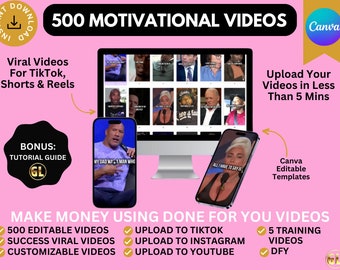 May include: Pink and gold graphic with the text "500 Motivational Videos". The graphic shows a computer screen with a grid of motivational video clips. The text "Make Money Using Done For You Videos" is below the image. A checklist of features includes "500 Editable Videos", "Success Viral Videos", "Customizable Videos", "Upload to TikTok", "Upload to Instagram", "Upload to YouTube", "5 Training Videos", and "DFY".