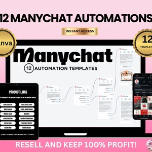 May include: A laptop computer screen displaying a flowchart with the text "Manychat" and "12 Automation Templates". The laptop is on a pink background with the text "12 Manychat Automations" and "Resell and Keep 100% Profit!" in large white letters.