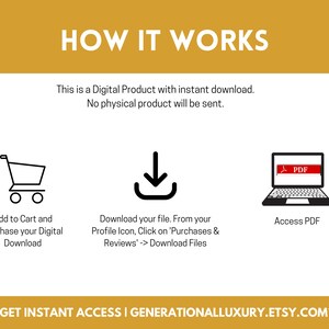 Puede incluir: Un gr&aacute;fico que muestra c&oacute;mo descargar un producto digital. El gr&aacute;fico muestra un carrito de compras, una flecha de descarga y una computadora port&aacute;til con un icono de PDF. El texto dice "Agregar al carrito y comprar su descarga digital", "Descargue su archivo. Desde su icono de perfil, haga clic en 'Compras y rese&ntilde;as' -> Descargar archivos", y "Acceder a PDF". El texto en la parte inferior dice "*****OBTENGA ACCESO INSTANT&Aacute;NEO I GENERATIONALLUXURY.ETSY.COM*****".