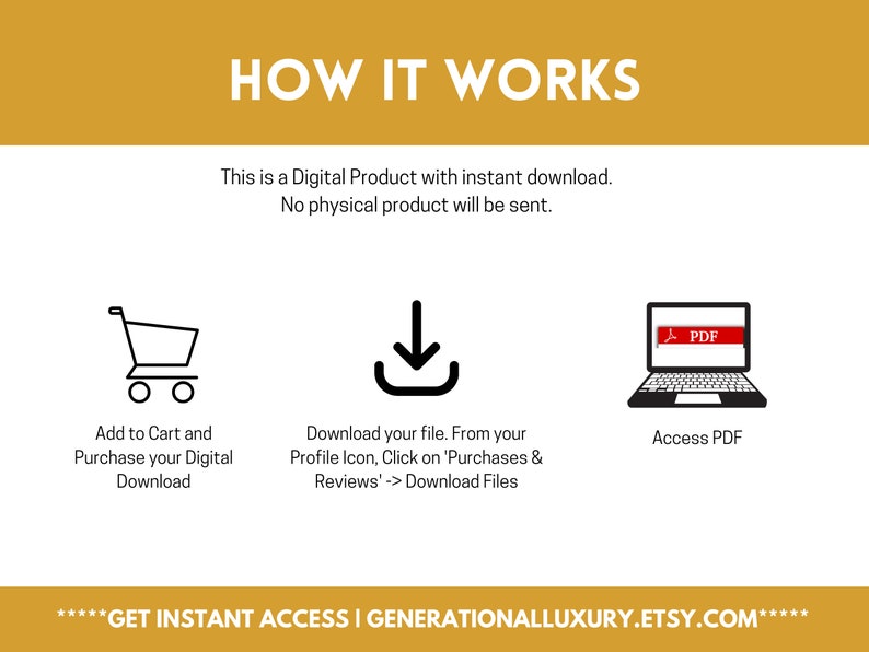 Puede incluir: Un gr&aacute;fico que muestra c&oacute;mo descargar un producto digital. El gr&aacute;fico muestra un carrito de compras, una flecha de descarga y una computadora port&aacute;til con un icono de PDF. El texto dice "Agregar al carrito y comprar su descarga digital", "Descargue su archivo. Desde su icono de perfil, haga clic en 'Compras y rese&ntilde;as' -> Descargar archivos", y "Acceder a PDF". El texto en la parte inferior dice "*****OBTENGA ACCESO INSTANT&Aacute;NEO I GENERATIONALLUXURY.ETSY.COM*****".