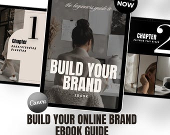 May include: A digital ebook guide titled "Build Your Online Brand" is displayed on a tablet. The cover features the text "Build Your Brand" and an image of a person working on a computer. The ebook is available for instant download.