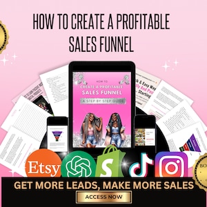 Puede incluir: Una portada de ebook de marketing digital rosa y blanca con el t&iacute;tulo "C&oacute;mo crear un embudo de ventas rentable" y una gu&iacute;a paso a paso. La portada presenta a dos mujeres con cabello negro largo, vestidas con ropa casual y sosteniendo bebidas. El ebook est&aacute; disponible para descargar en PDF e incluye 45 p&aacute;ginas. La portada tambi&eacute;n incluye iconos para Etsy, Shopify, TikTok e Instagram.