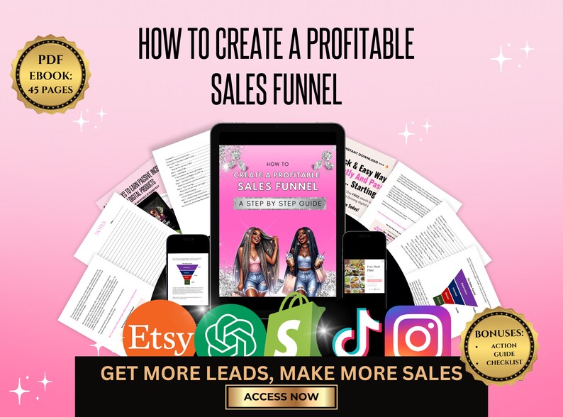 Puede incluir: Una portada de ebook de marketing digital rosa y blanca con el t&iacute;tulo "C&oacute;mo crear un embudo de ventas rentable" y una gu&iacute;a paso a paso. La portada presenta a dos mujeres con cabello negro largo, vestidas con ropa casual y sosteniendo bebidas. El ebook est&aacute; disponible para descargar en PDF e incluye 45 p&aacute;ginas. La portada tambi&eacute;n incluye iconos para Etsy, Shopify, TikTok e Instagram.