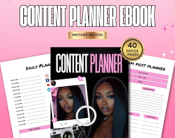 Könnte beinhalten: Ein pinkfarbenes und schwarzes Content Planner Ebook mit dem Text "Content Planner Ebook" oben. Das Cover zeigt ein Frauenbild und den Text "Content Planner". Das Ebook hat 40 Seiten und enthält Tages- und Instagram-Post-Planer.