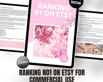 Könnte beinhalten: Ein digitales Handbuch mit dem Titel "Ranking #1 on Etsy" auf einem Tablet. Das Cover zeigt rosa Kirschblüten und den Text "A Step-by-Step Guide to Rank on Etsy." Zusätzlicher Text enthält "Jetzt herunterladen" und "Sofort-Download."