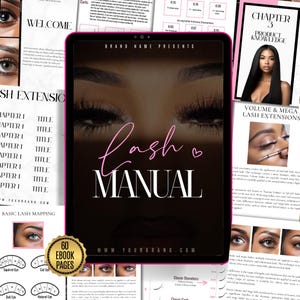 Op de afbeelding: Een digitale tablet toont een "Lash Manual" met de tekst "Lash Manual" in roze script. De afbeelding toont close-ups van ogen met wimperextensions. Pagina's met informatie en diagrammen over wimperextensions omringen de tablet. Het ebook heeft 60 pagina's.