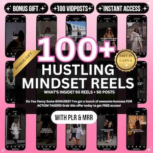 Może przedstawiać: Różowo-biały grafik z tekstem "100+ Hustling Mindset Reels" i "What's inside? 50 Reels + 50 Posts". Grafika jest otoczona 16 obrazami różnych osób w różnych sceneriach. Tekst "Bonus Gift" pojawia się na dwóch obrazach.