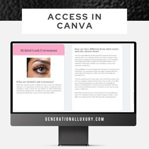 May include: A computer monitor displays a webpage about hybrid lash extensions. The screen shows text and an image of an eye with long lashes. The top of the screen reads "ACCESS IN CANVA". The website address is "GENERATIONALLUXURY.COM".