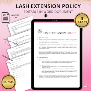 Può includere: Un documento digitale con un logo rosa e bianco per un'azienda di extension ciglia. Il documento delinea le politiche aziendali per la prenotazione, la cancellazione, gli arrivi in ritardo, la preparazione pre-appuntamento, la cura post-appuntamento e le ricariche. Il documento è intitolato "Politica di estensione delle ciglia" ed è disponibile in versione standard e a colori.