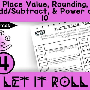 May include: A black and white printable game board with the title "Place Value Game". The game board has instructions for a dice game that involves place value, rounding, addition, subtraction, and powers of ten. The game board is designed for use in a classroom setting.