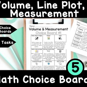 May include: A colourful printable maths choice board for students to choose from 21 different activities related to volume, line plots, and measurement. The board is titled "Volume & Measurement Choice Board" and has five sections: Poem, Rap, or Jingle, Poster, Video, Cartoon Comic Strip, and Assessment.
