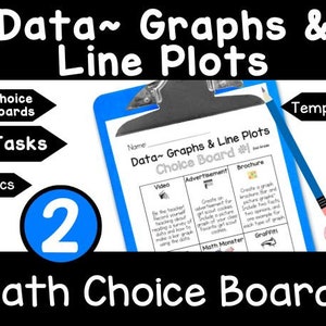 Pode incluir: Um quadro de escolha matemática imprimível azul e branco com o título "Data~ Graphs & Line Plots" e o texto "Choice Board #1". O quadro tem quatro seções: Vídeo, Anúncio, Brochura e Monstro da Matemática. Cada seção tem uma descrição de uma atividade matemática.