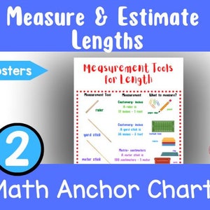 May include: A set of 9 colorful posters for teaching measurement tools for length. The posters feature illustrations of rulers, yard sticks, and meter sticks, along with descriptions of their uses and conversions. The posters are titled "Measurement Tools for Length" and are labeled with the number "2" and the text "Math Anchor Charts".