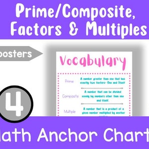 Puede incluir: Un conjunto de 6 carteles de anclaje matemáticos coloridos con el título "Primos/Compuestos, Factores y Múltiplos". Los carteles incluyen definiciones de primo, compuesto y múltiplo. Los carteles están diseñados para su uso en el aula.