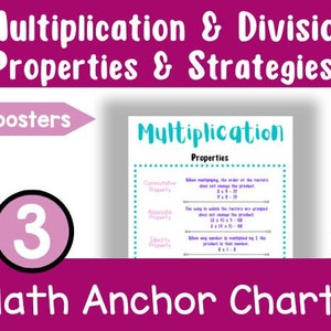 May include: A set of 6 colorful math anchor charts for teaching multiplication and division properties and strategies. The charts are labeled with the words "Multiplication" and "Division" and feature the commutative, associative, and identity properties.