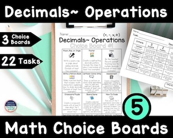 5th Grade Math Choice Boards Decimals Operations Activities
