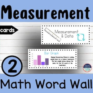 Puede incluir: Un póster educativo azul y blanco con los títulos "Measurement" y "Math Word Wall". El póster incluye el texto "39 tarjetas" y "2". Presenta un gráfico de regla y un gráfico de barras que ilustra las ventas de barras de caramelo.