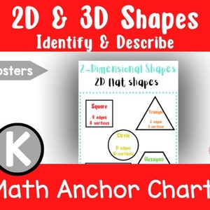 May include: A colorful poster with the title "2D & 3D Shapes Identify & Describe" and the text "13 Posters". The poster features illustrations of a square, circle, triangle, and hexagon with descriptions of their edges and vertices.