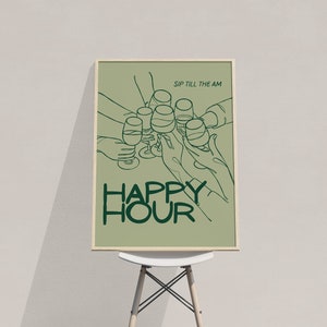 Happy Hour Wall Art Digital Download | Aesthetic Poster | Poster Instant Download | Sage Green Wall Art | Bar Cart Art | Cocktail Poster