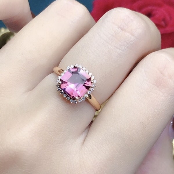 Genuine pink tourmaline ring/18k gold Asscher cut tourmaline engagement ring/dainty Raw tourmaline ring/unique vintage tourmaline ring gold