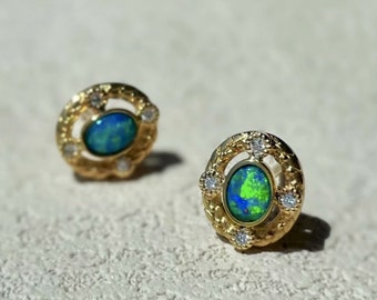 18k gold Australian opal studs/Diamond halo real opal studs/Dainty opal earrings/Handmade unique opal earrings/Opal birthstone earrings stud
