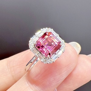 Genuine pink tourmaline ring/18k white gold pink tourmaline ring/diamond halo pink tourmaline ring/modern pink tourmaline engagement ring