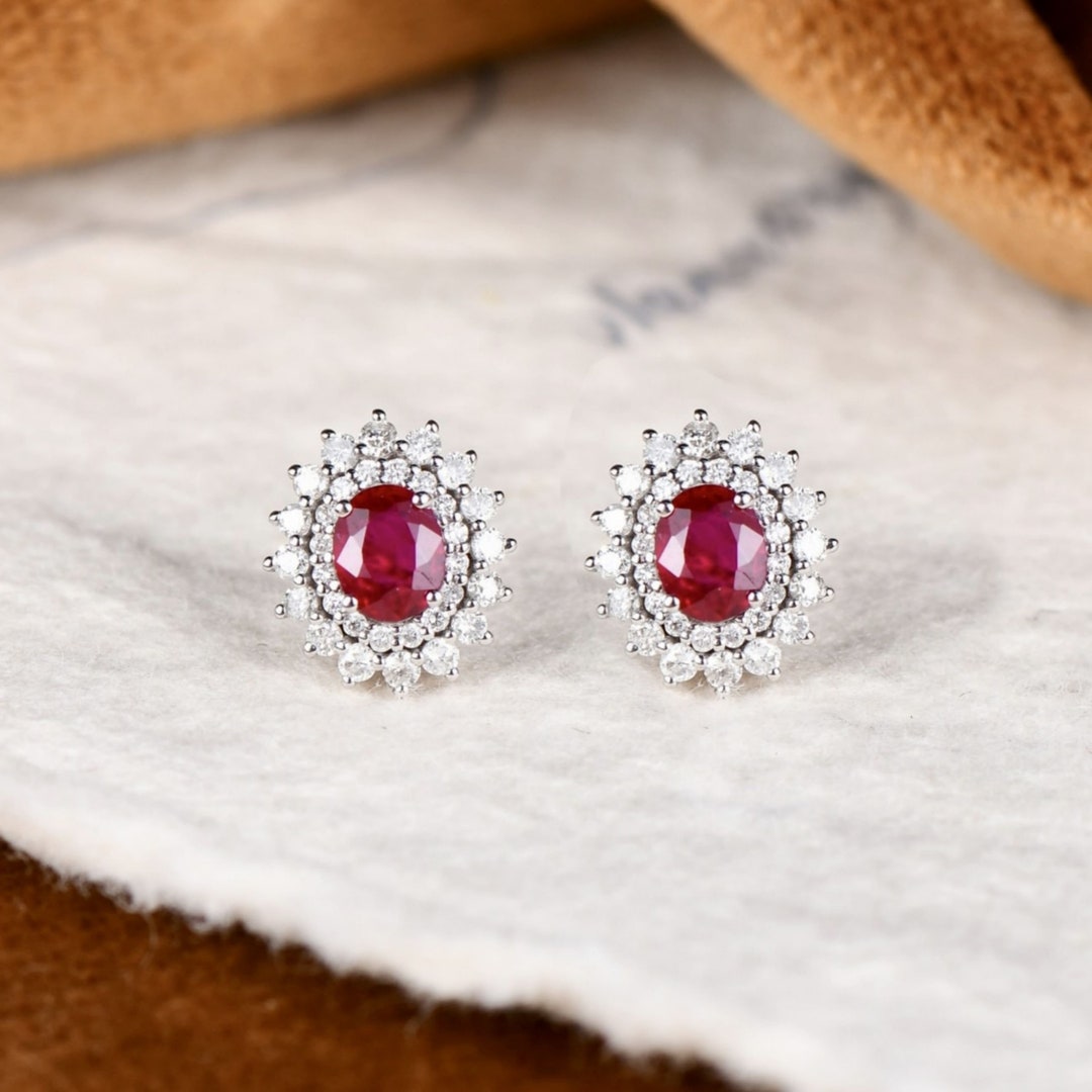 Vintage Natural Ruby Stud Earrings/genuine Ruby Earrings/18k Gold Ruby ...