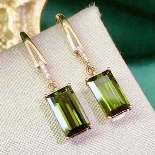Natural Green tourmaline dangle&drop earrings/18k solid gold tourmaline earrings/handmade raw tourmaline earrings gold/Tourmaline birthstone