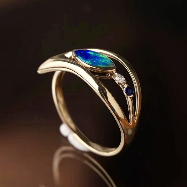 Genuine Australian opal ring/18k solid gold marquise opal engagement ring/Natural Bezel opal ring/Opal anniversary jewelry/unique opal ring