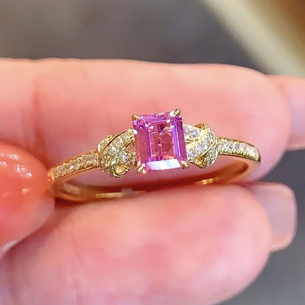 Natural pink sapphire ring/18k solid yellow gold emerald cut  padparadscha engagement ring/Handmade pink sapphire ring/Art deco pink jewel