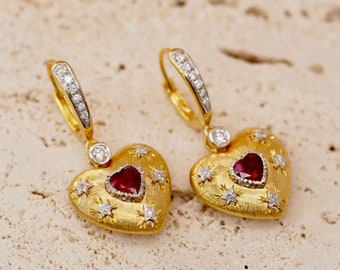 18k solid gold natural ruby earrings/Lever back ruby earrings/Heart ruby studs/handmade ruby jewelry/Art deco ruby earrings/unique ruby stud