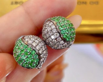 Genuine emerald stud earrings/18k solid gold emerald earrings with diamonds/Panjsher emerald studs/vintage retro emerald studs/Handmade stud