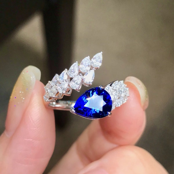 Genuine sapphire ring/18k solid white gold pear sapphire ring/Real Royal blue sapphire ring/snake shape sapphire ring/Handmade sapphire ring