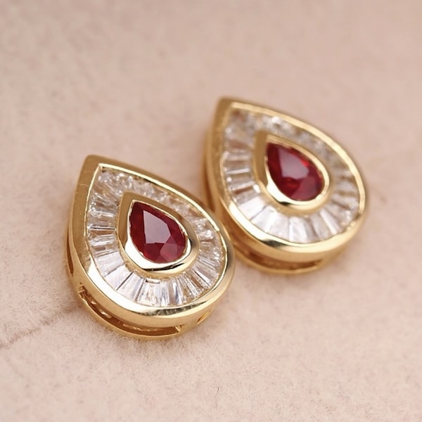 Vintage Natural ruby stud earrings/genuine ruby studs/18k solid gold pear cut ruby earrings with diamonds/unique design ruby earrings gold