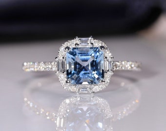 18k white gold Luxurious aquamarine engagement ring/Natural aquamarine ring with baguette diamonds/Dainty aquamarine promise ring for her