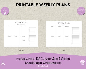 Blank Printable Minimalist Design Weekly Planner | Weekly Plans | US Letter and A4 Sizes | Planner | PDF | Landscape | Desk Planner