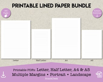 Printable Lined Paper Bundle PDF | US Letter, Half Letter, A4 A5 | Note Paper | Journal Paper | Portrait & Landscape | Lined Sheets | PDFs