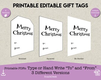 Merry Christmas Gift Tags | Editable Printable Gift Tags | Personalize "To" and "From" Fields | Printable PDF Files | Use Your Own Paper