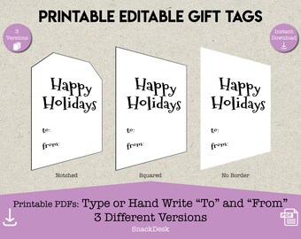 Happy Holidays Gift Tags | Editable Printable Gift Tags | Personalize "To" and "From" Fields | Printable PDF Files | 3 Different Versions