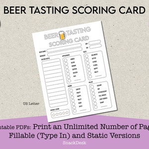 May include: Printable beer tasting scoring card with a black and white design. The card has sections for beer name, brewery, tasting notes, appearance, aroma, taste, palate, overall score, and a space for rating.